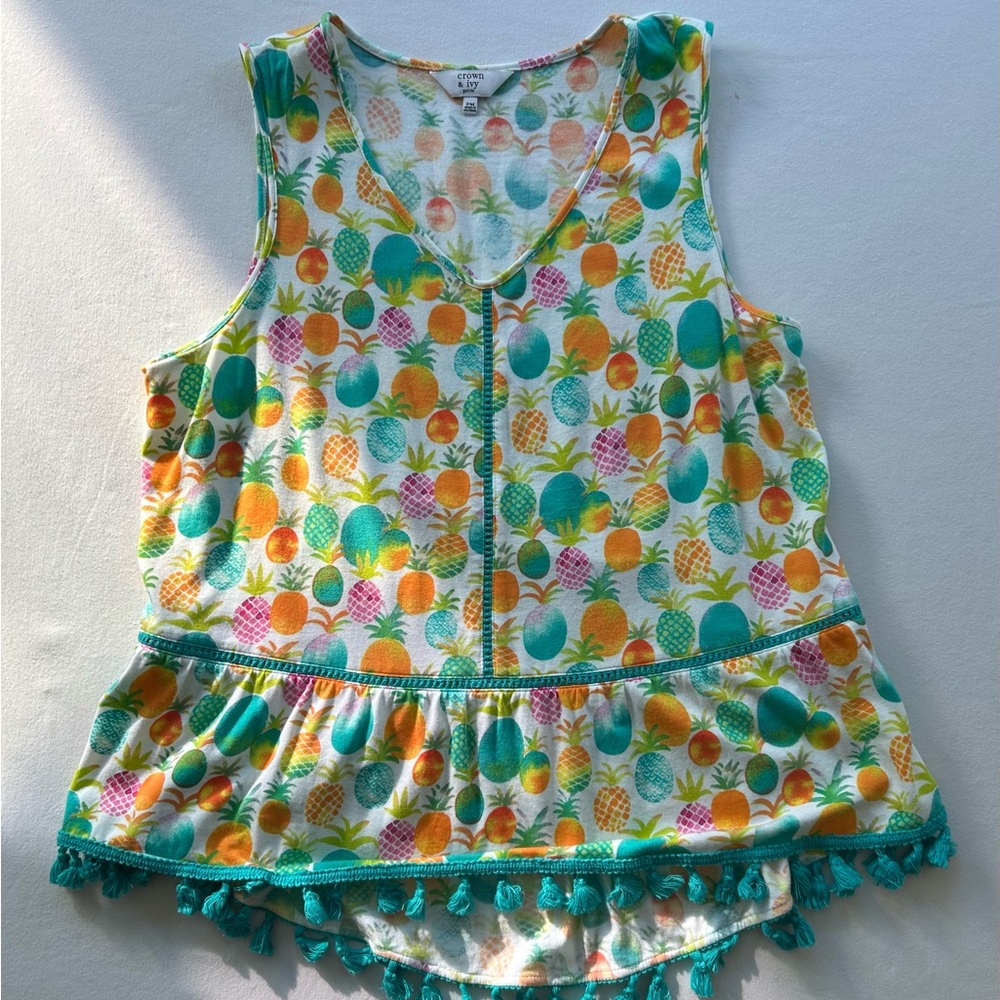 Pineapple print summer tank blouse. Medium Petite.